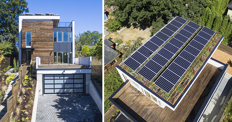 Modern architecture with solar panels and green roof