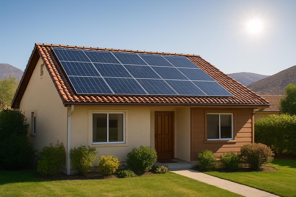 Solar panels on house roof with battery storage